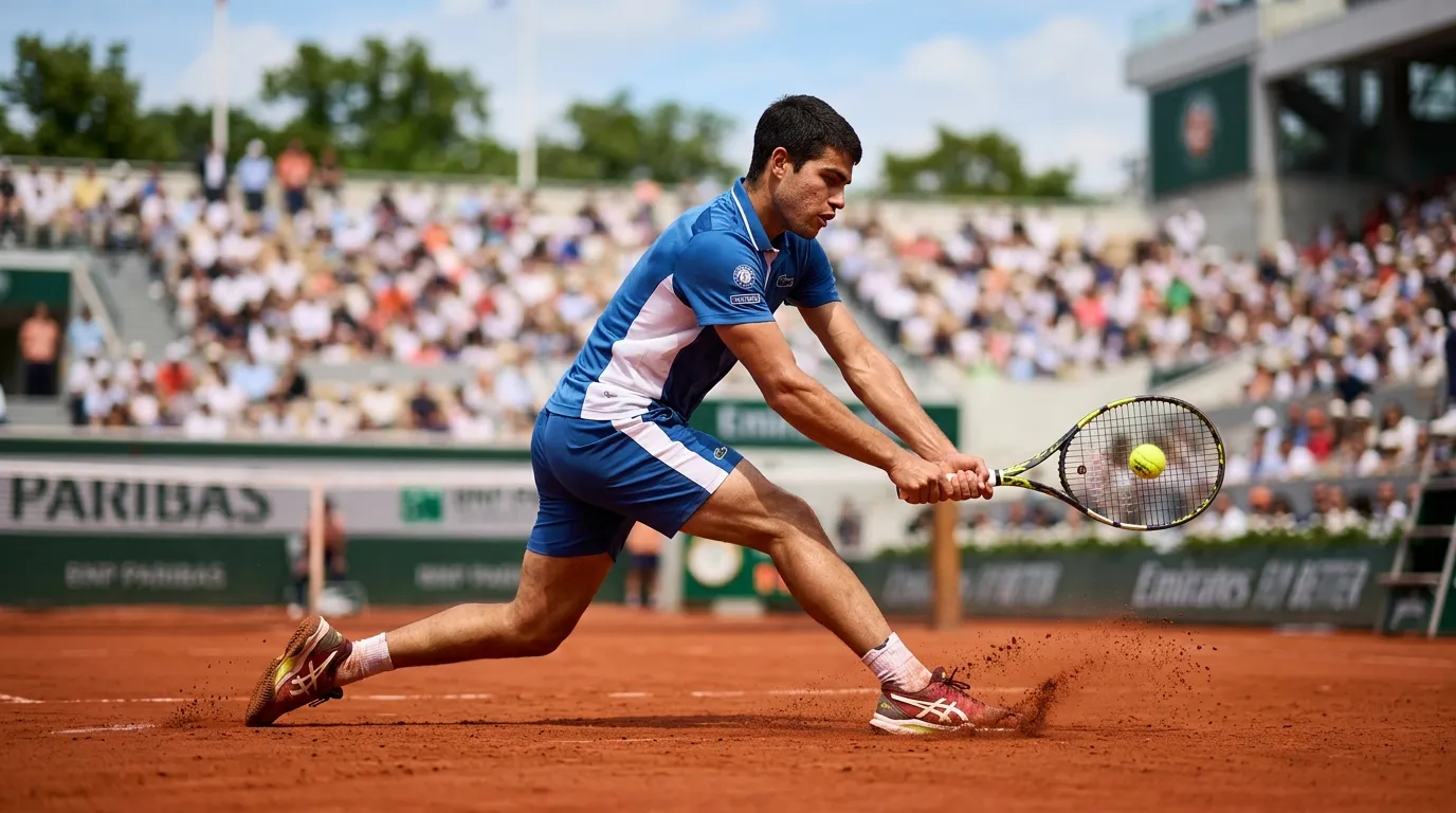 A clay specialist sliding into a forehand on the Roland-Garros clay