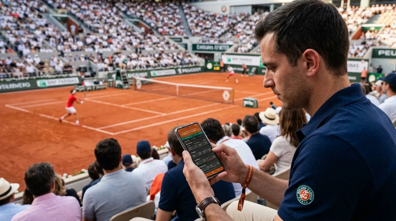 A spectator following live Roland-Garros betting markets courtside