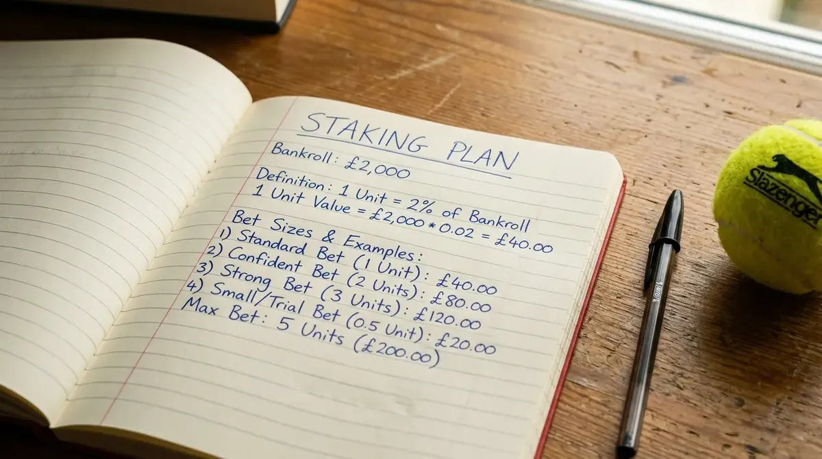 Simple staking plan listing unit sizes as a percentage of a tennis betting bankroll