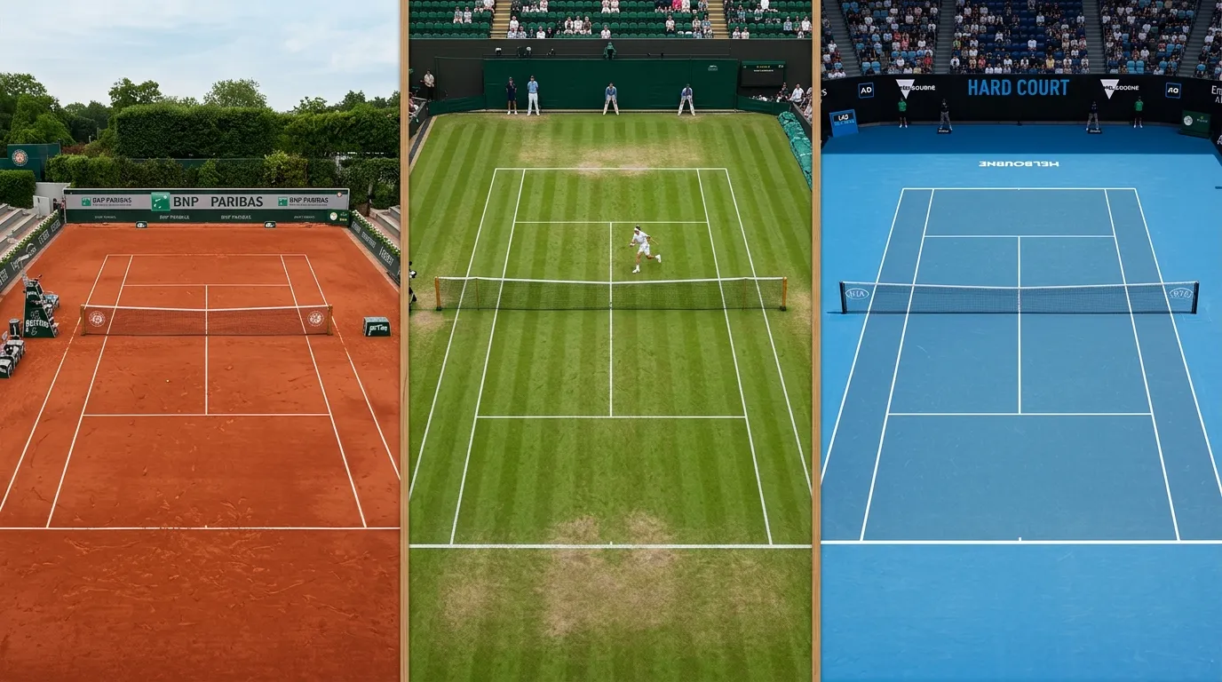Clay, grass and hard tennis courts shown side by side