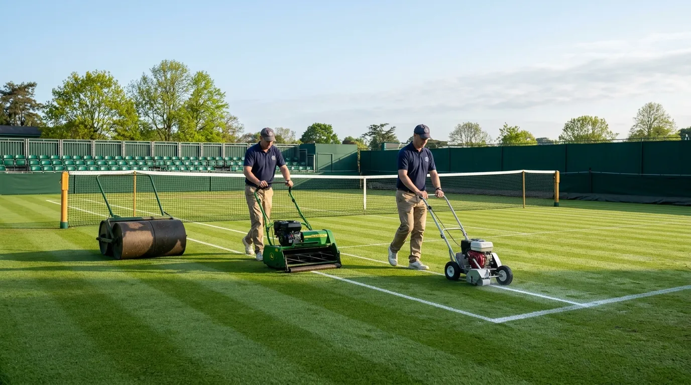 A grass court being prepared as the tour moves on from the clay swing
