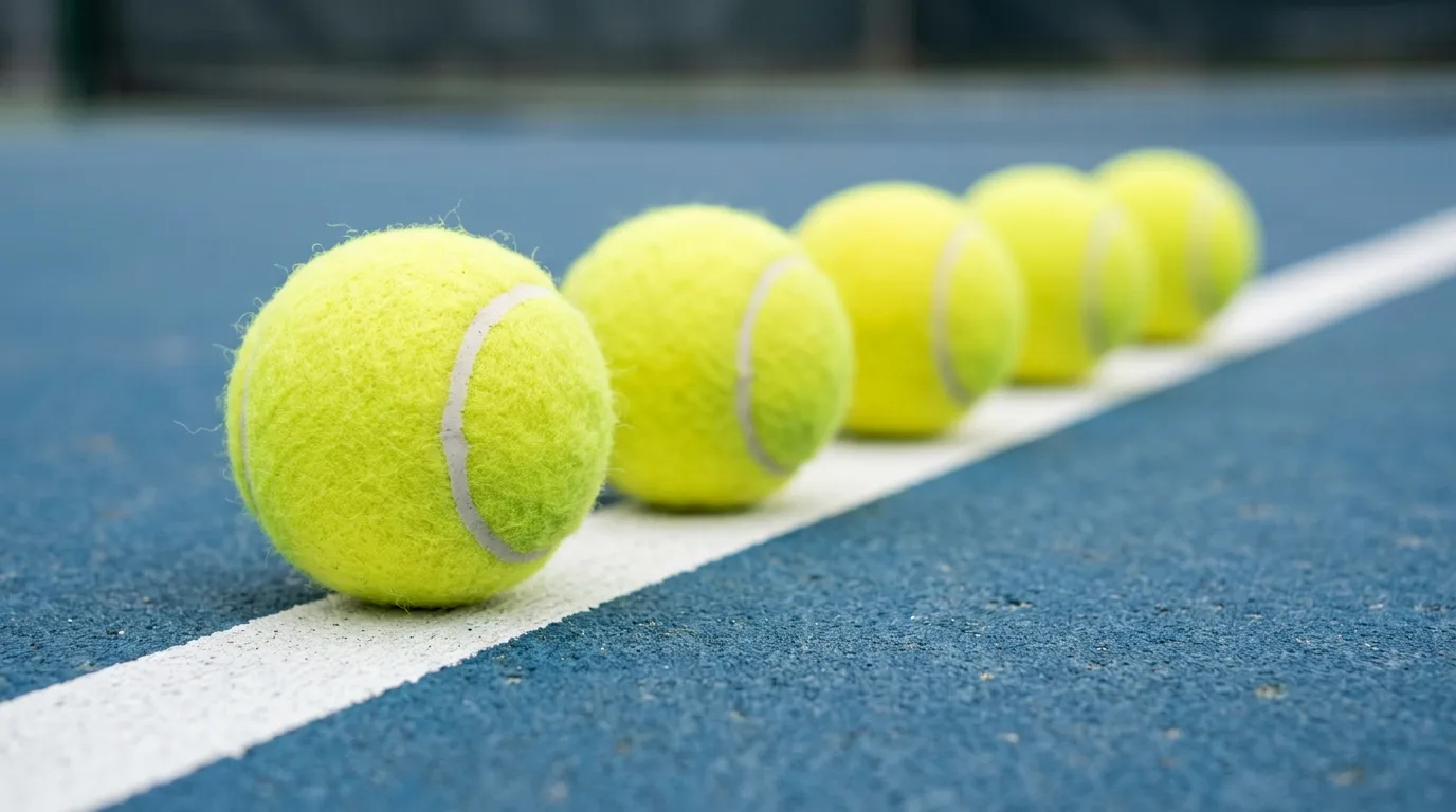 A row of tennis balls lined along a court line
