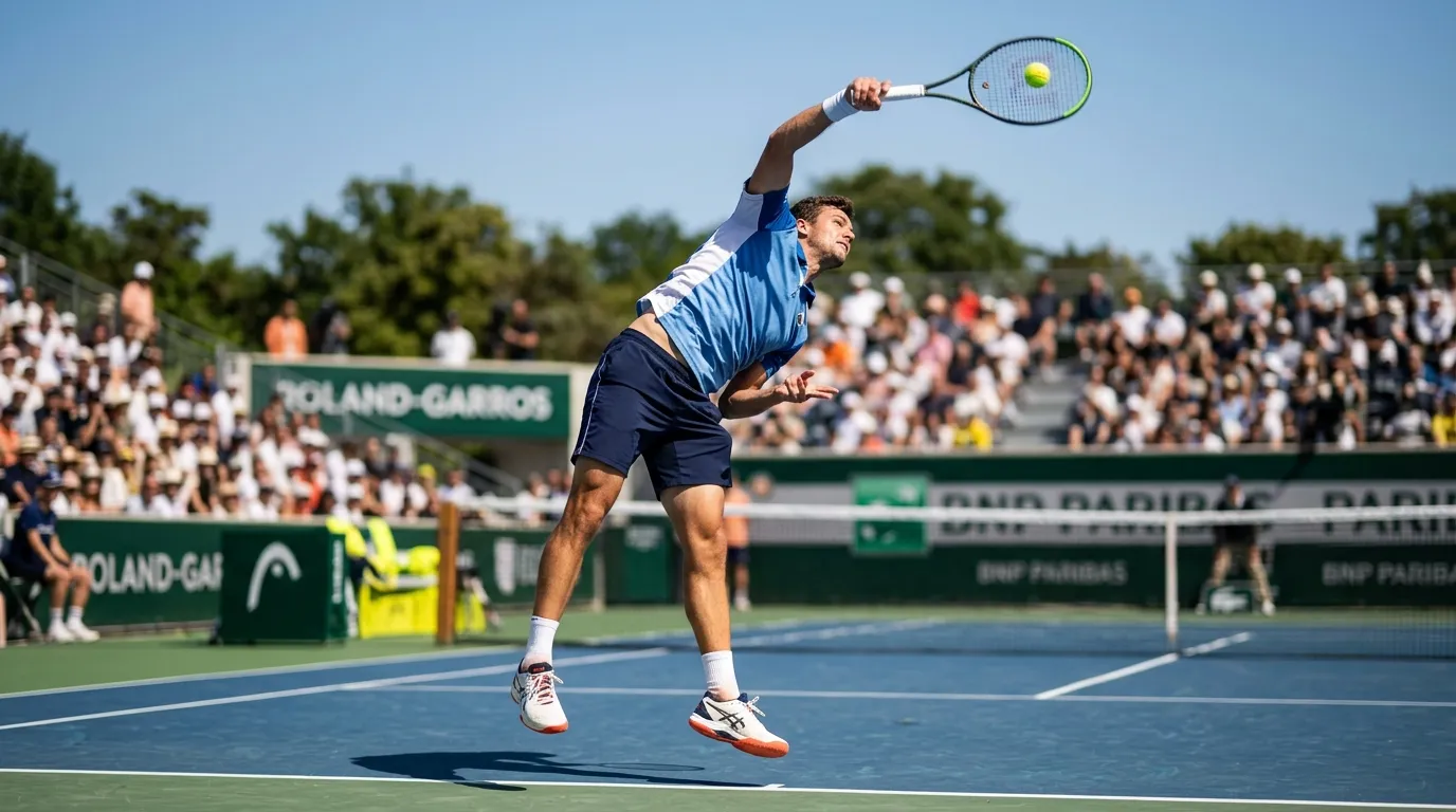 Tennis player at full stretch in the serving motion