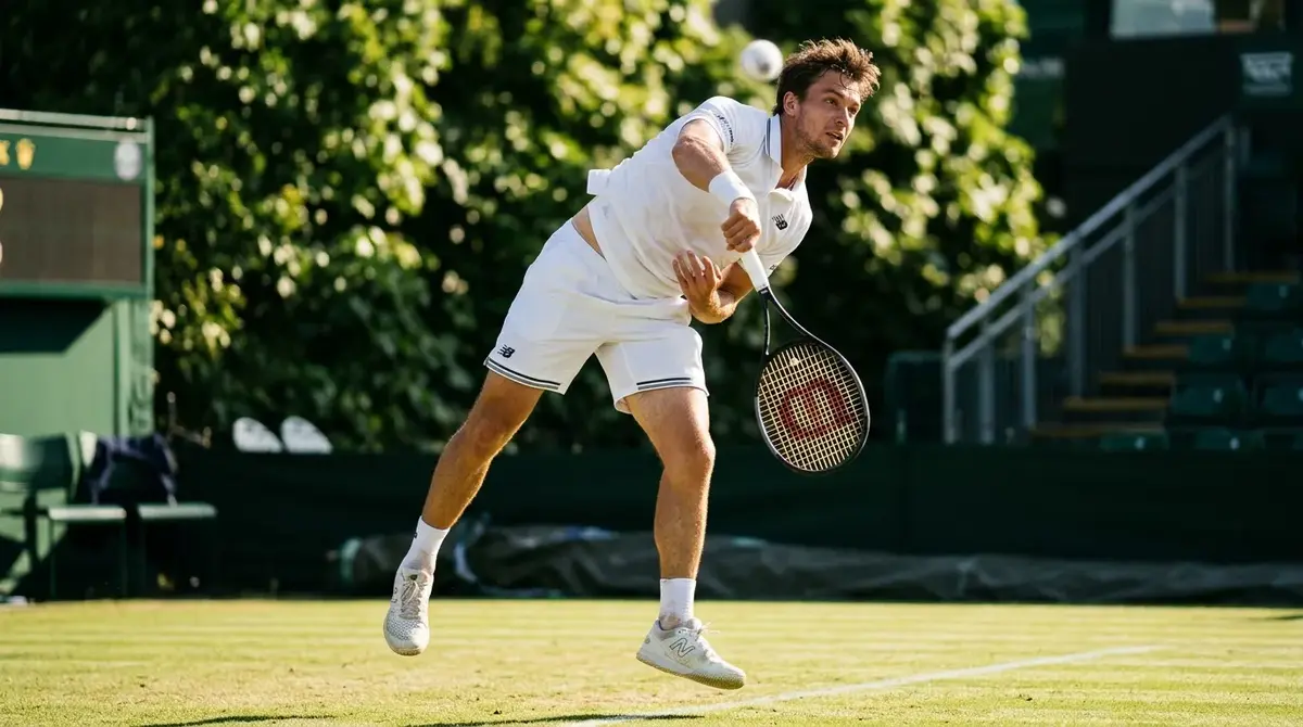 Tennis player striking a powerful serve on a fast court, the basis for aces prop markets