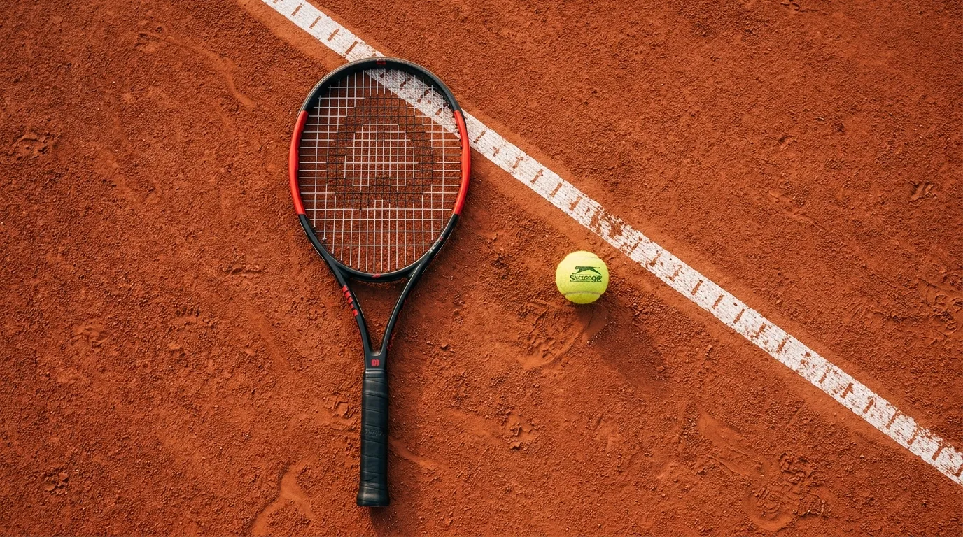 A tennis racket and ball on a clay court before a match