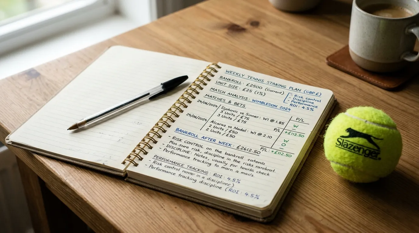 A notebook of handwritten staking plans beside a tennis ball on a wooden desk