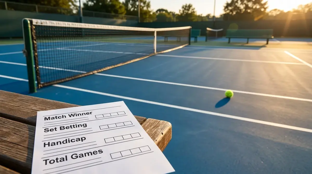 Tennis court beside a betting coupon listing match winner, set betting, handicap and totals markets