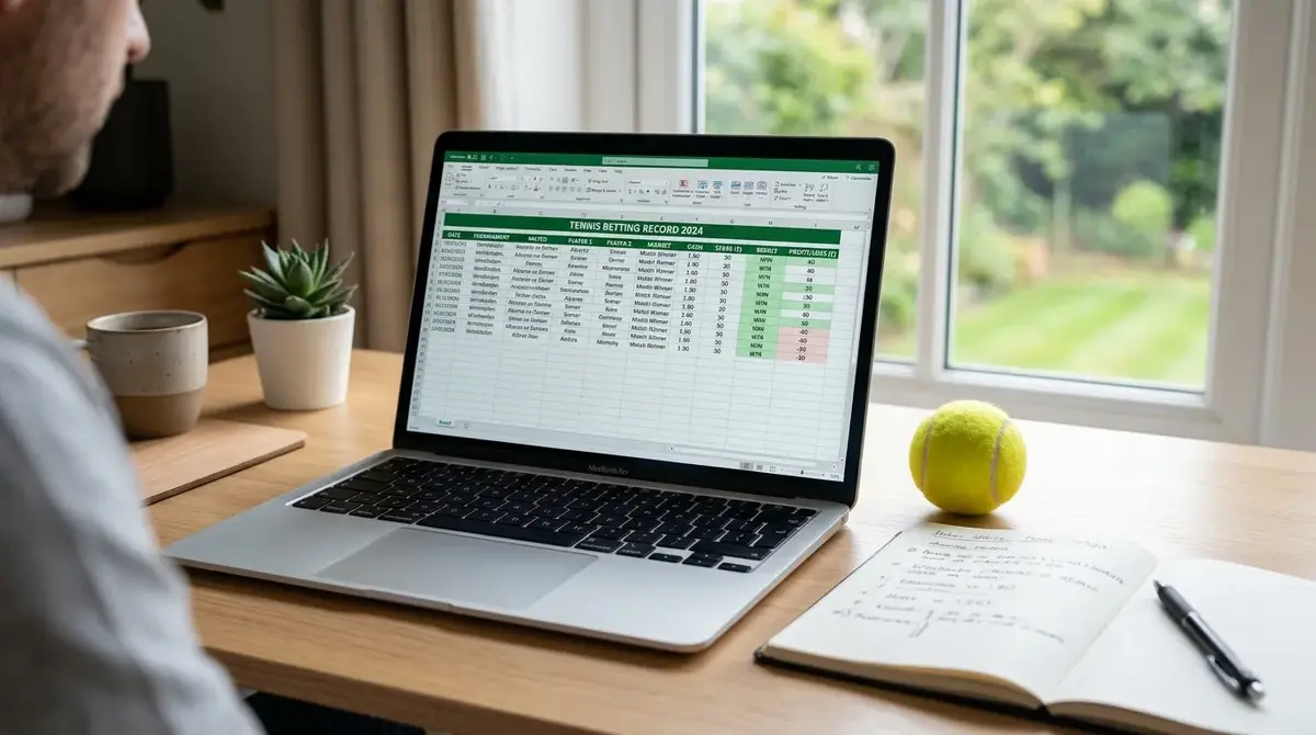 Laptop spreadsheet logging tennis bets and reasoning as part of a betting routine