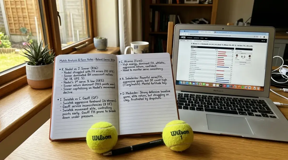 Tennis form notes and a staking plan beside a laptop showing match data