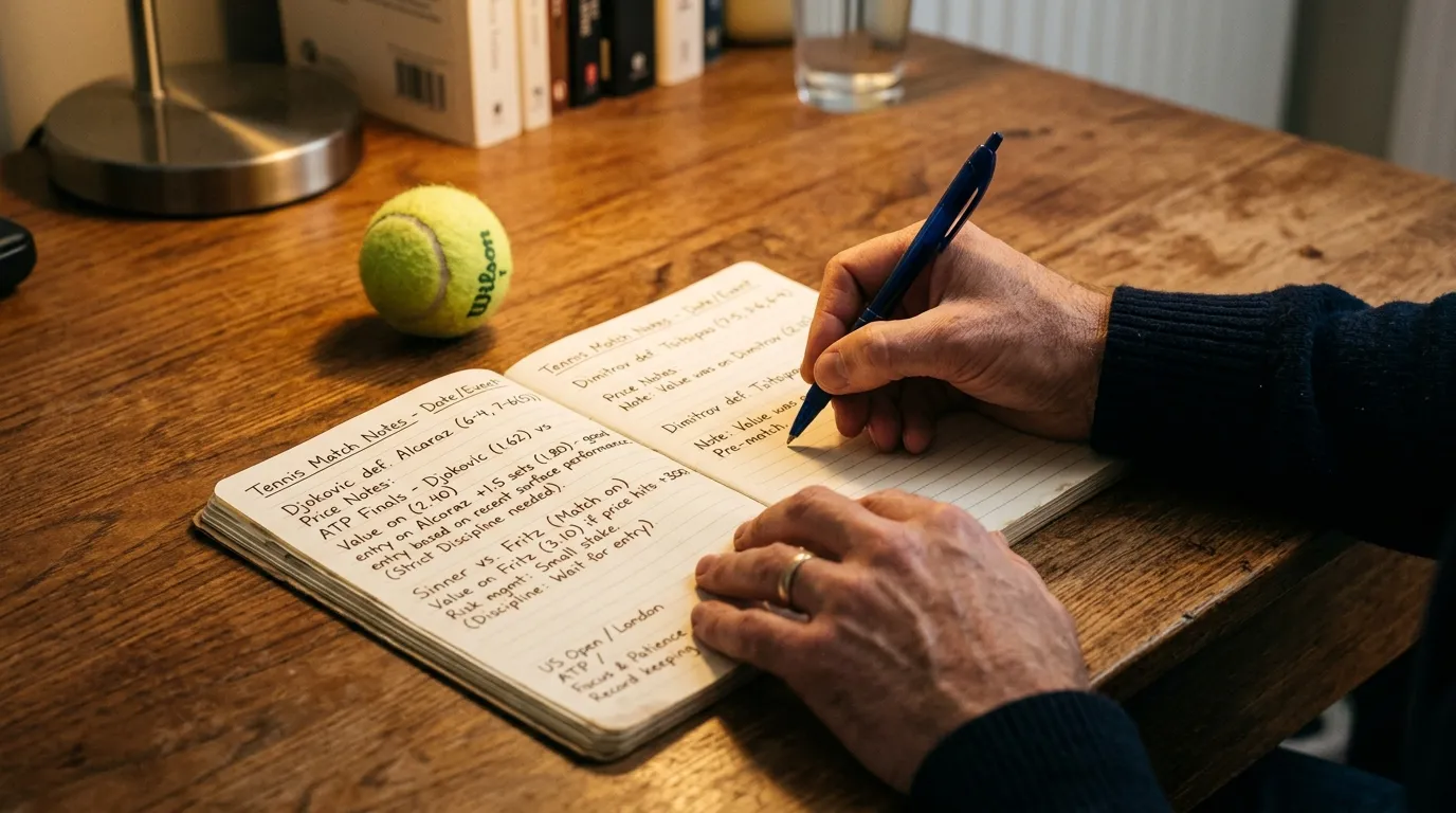 A focused bettor reviewing tennis results and prices in a notebook