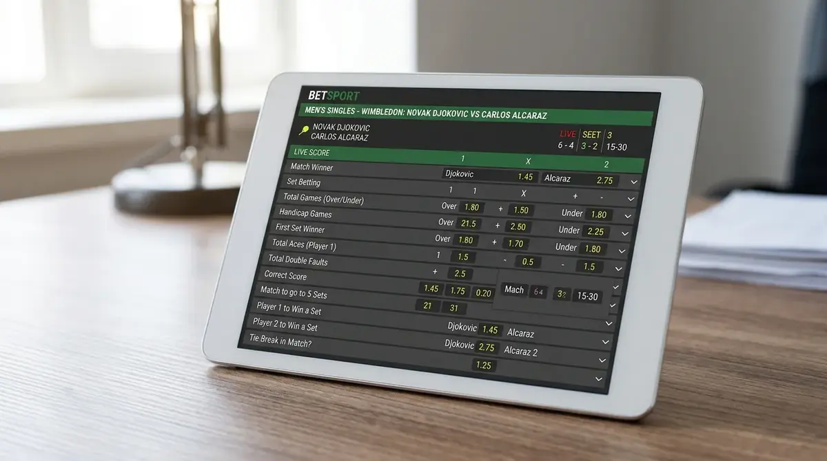 Tennis match page on a bookmaker showing a deep list of available betting markets