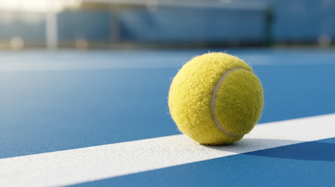 Tennis ball resting on the baseline of a hard court