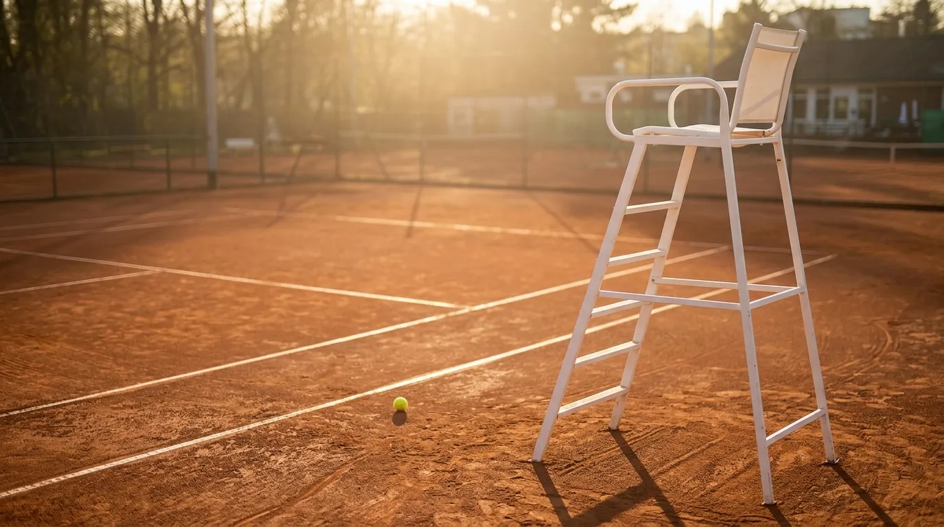 Umpire's chair beside a clay tennis court in late sunlight
