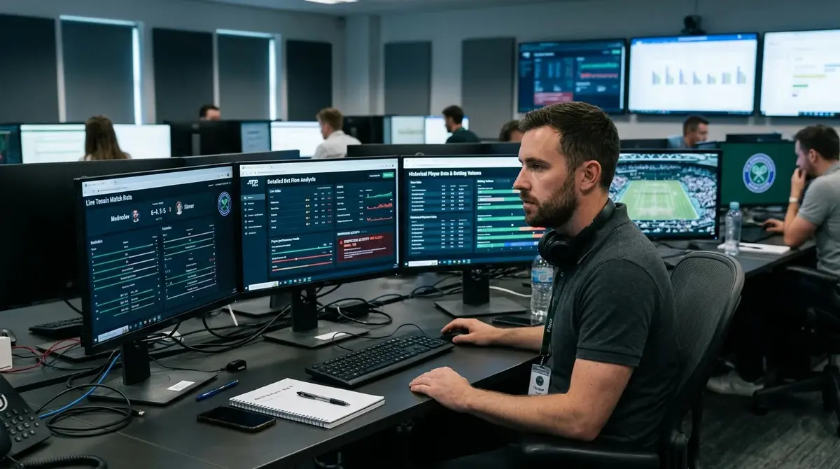 Analyst at monitoring screens watching betting data flows across tennis matches