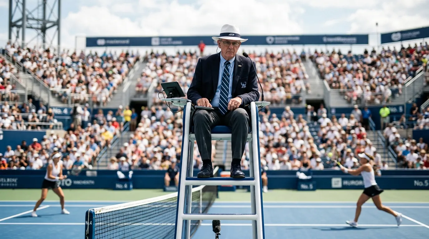 A chair umpire overseeing a professional tennis match from the high chair