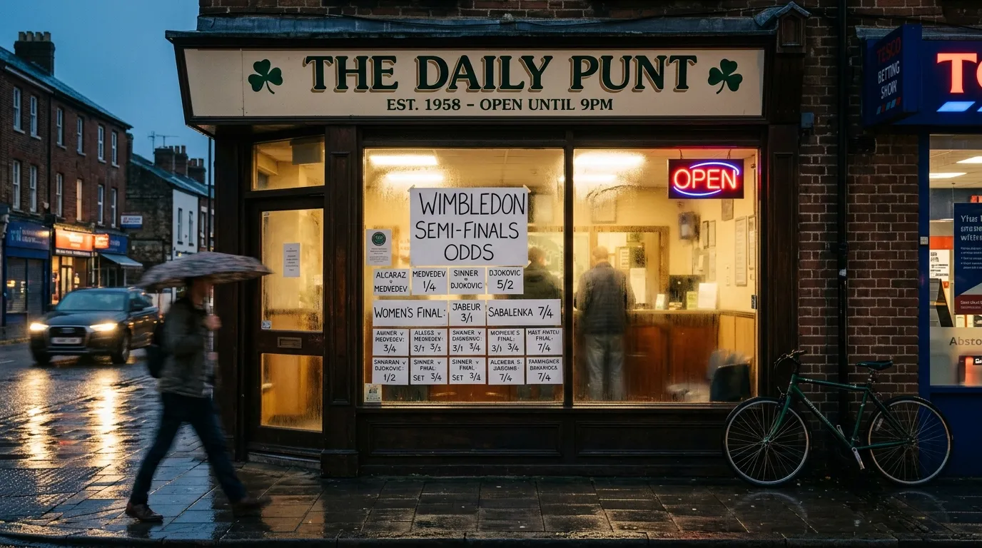 A traditional high-street betting shop window displaying tennis odds at dusk