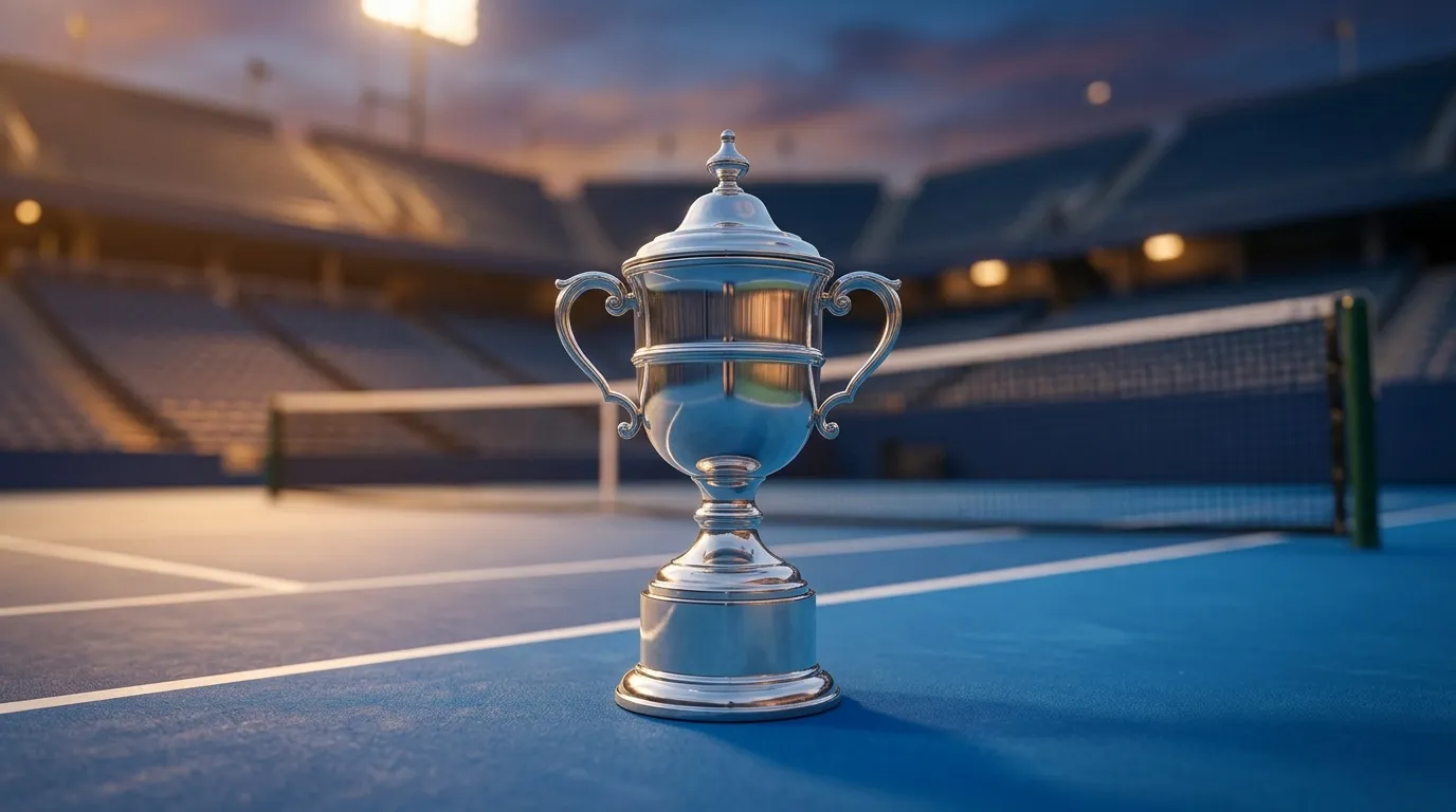 Tennis tournament trophy displayed on a show court