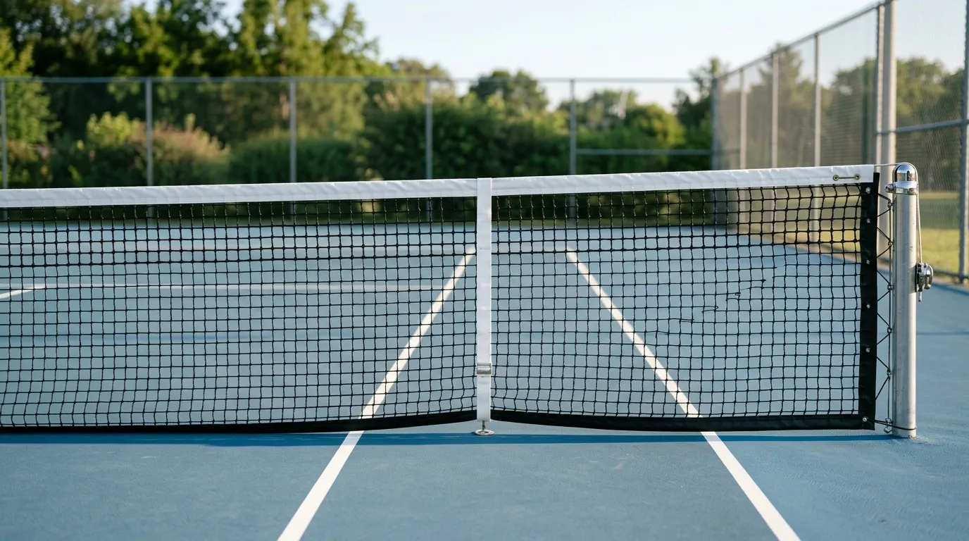 Empty tennis court with the net in sharp focus before play