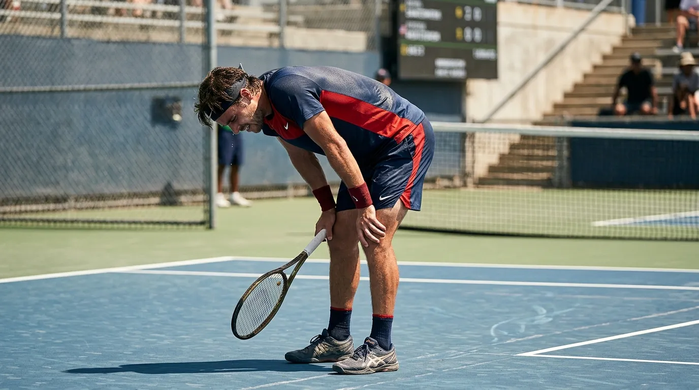 A fatigued tennis player bent over between points in punishing conditions