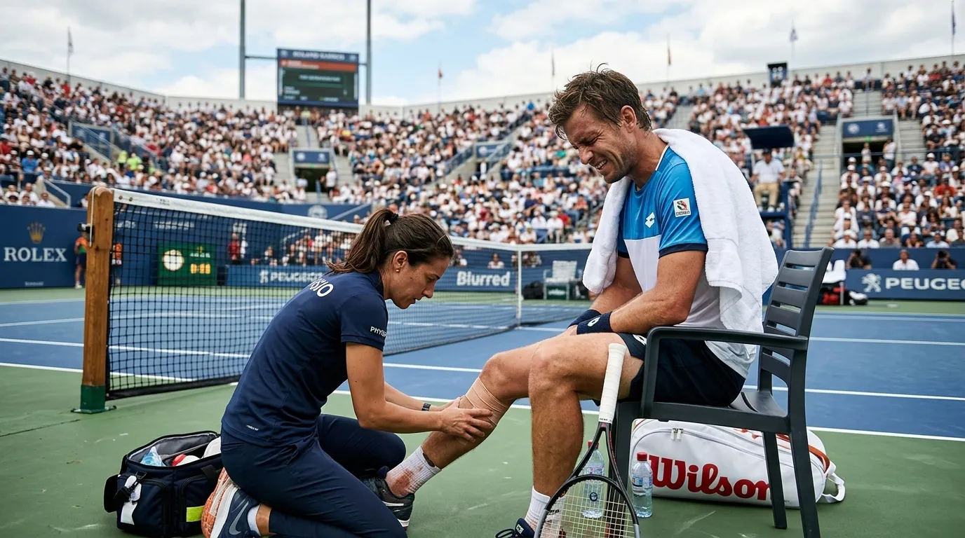 A tennis player sitting on court receiving medical attention during a match