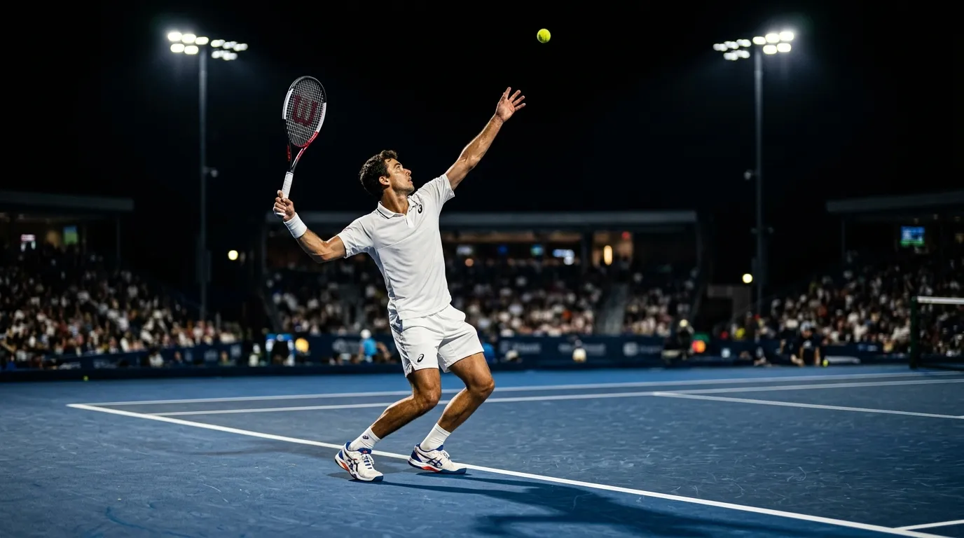 Tennis player preparing to serve under floodlights on a hard court