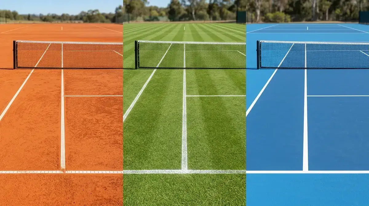 Clay, grass and hard tennis courts side by side showing how surface changes play