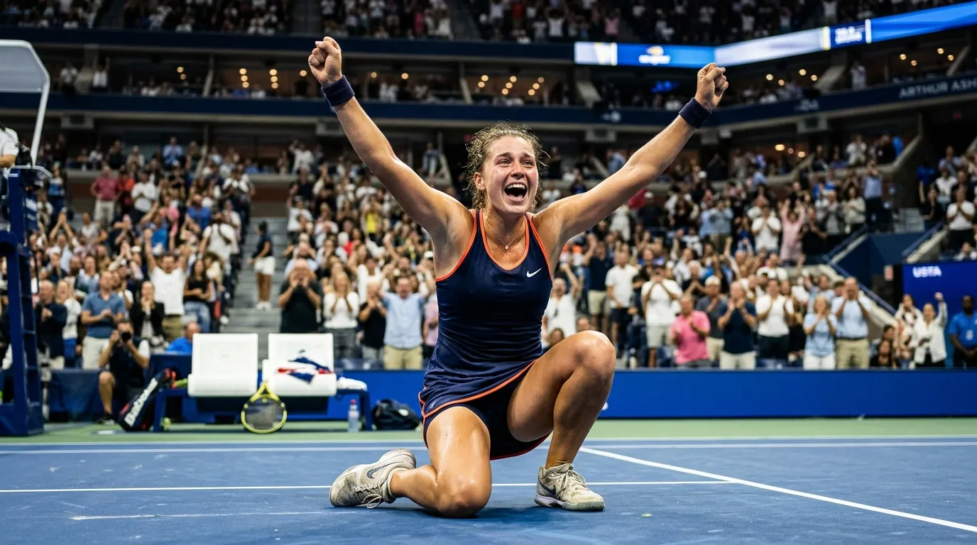 An outsider raising a fist after upsetting a higher-ranked opponent
