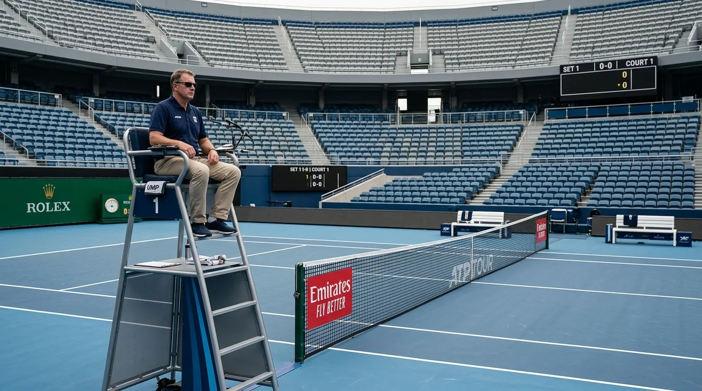 An empty tennis court with a single chair umpire and no players