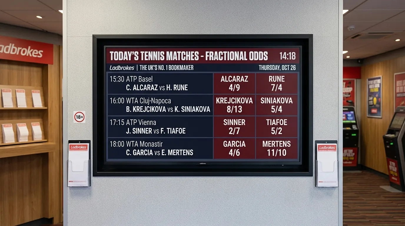 A UK sportsbook screen listing tennis matches priced in fractional odds