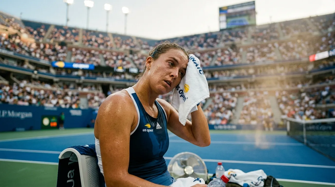 A player wiping away sweat in the New York heat at the US Open