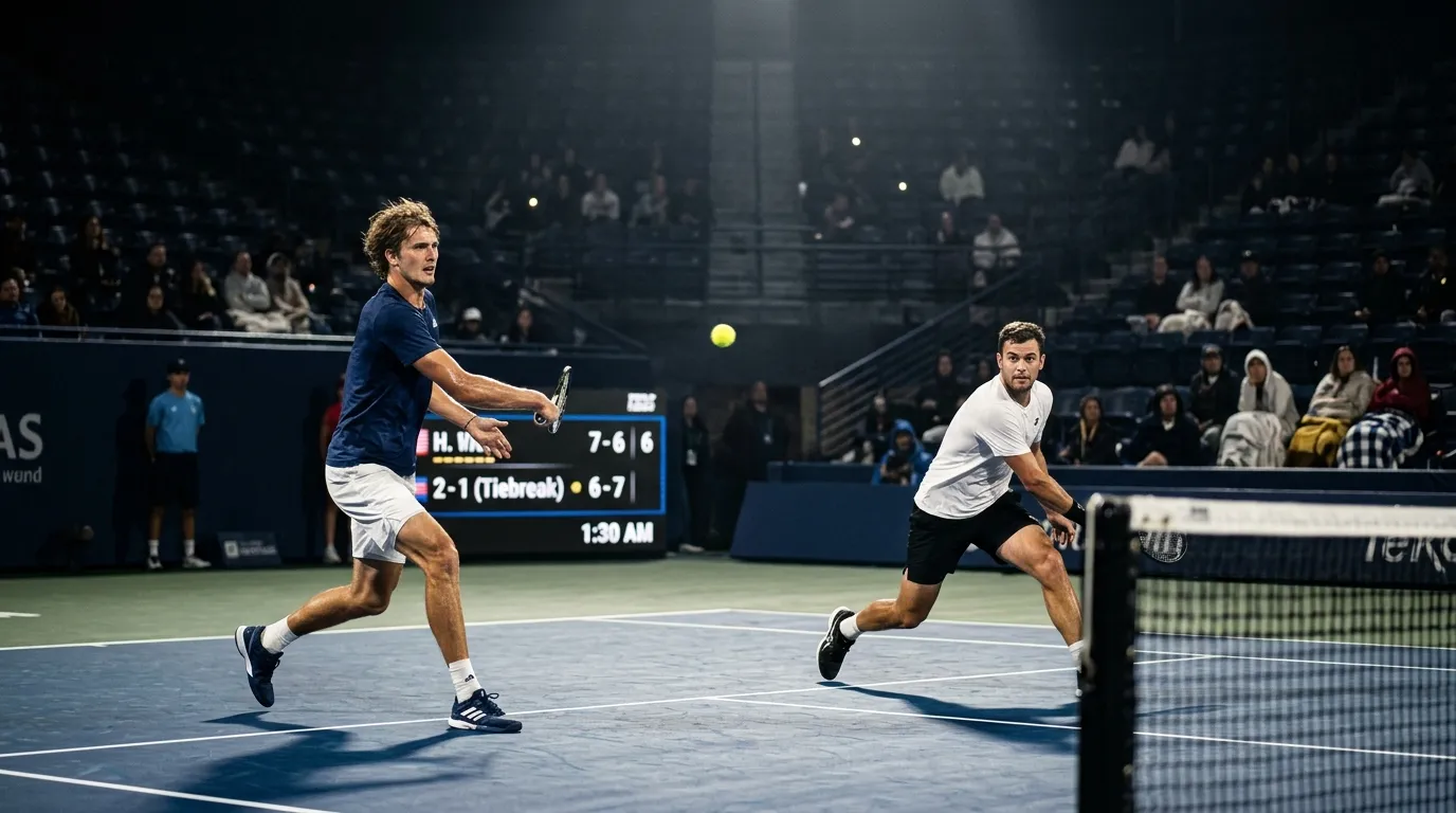 A US Open match grinding on late into the New York night
