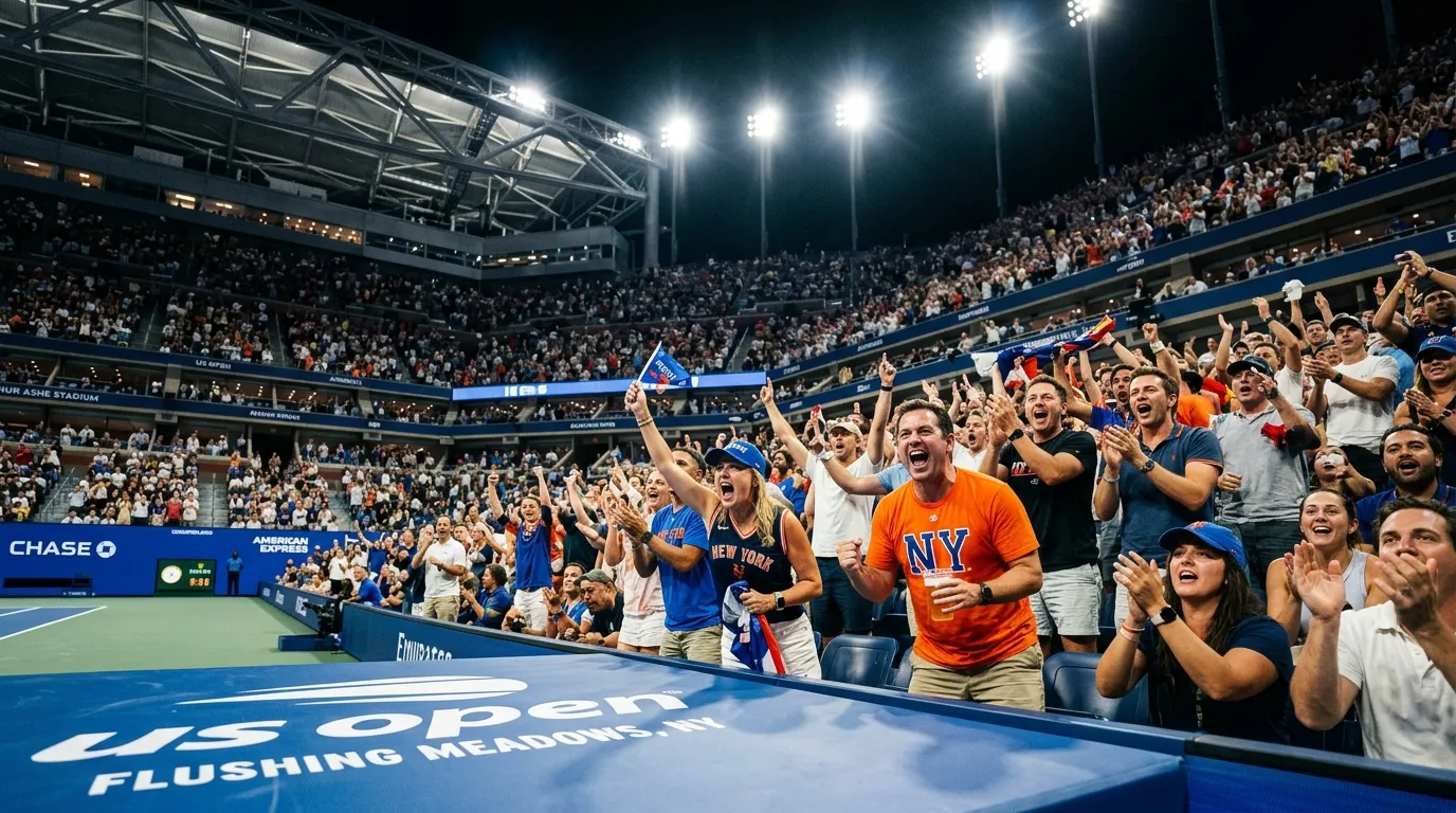 A loud, partisan US Open crowd watching a night session under the floodlights