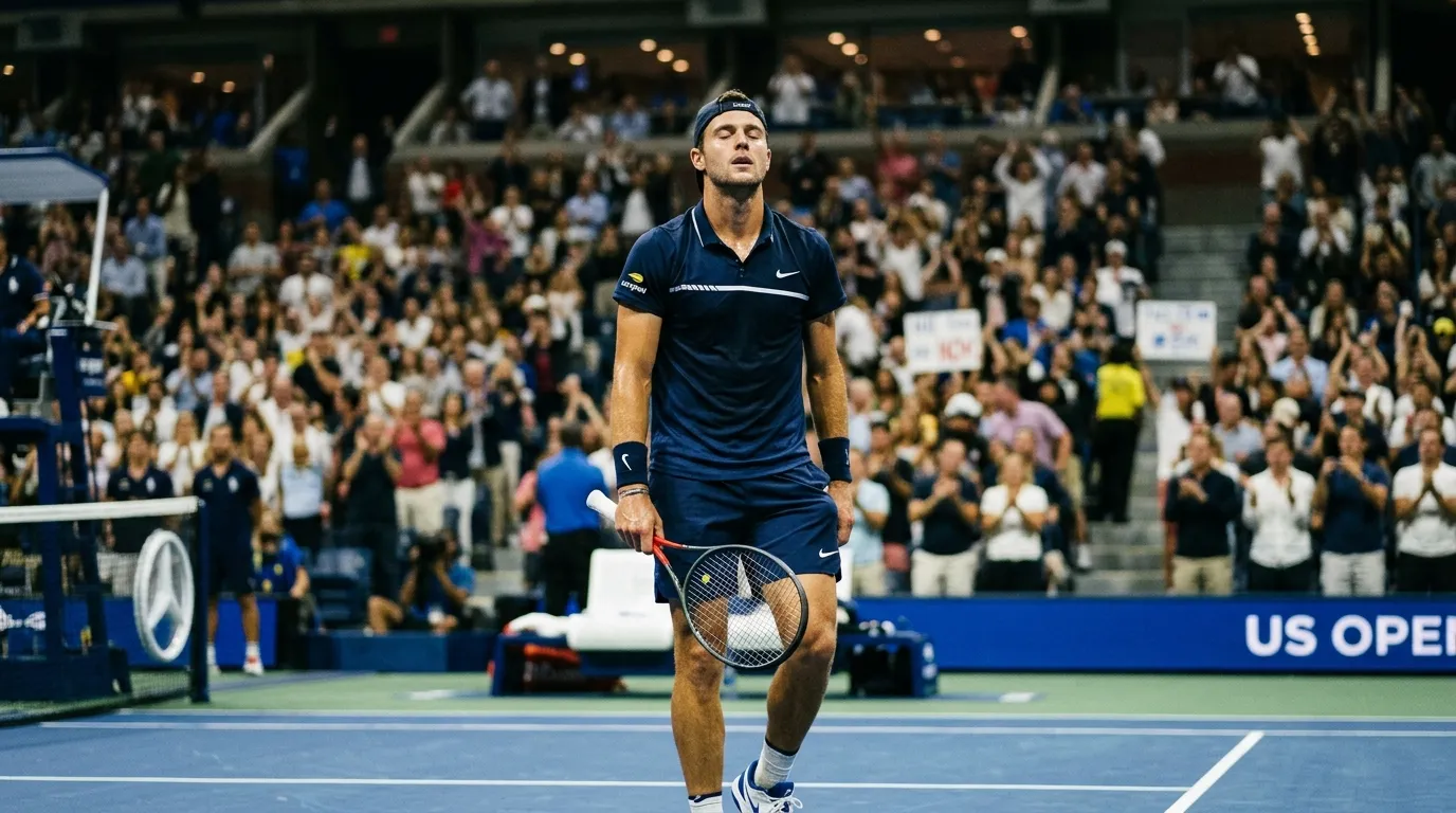 A player composing themselves under pressure on a US Open hard court