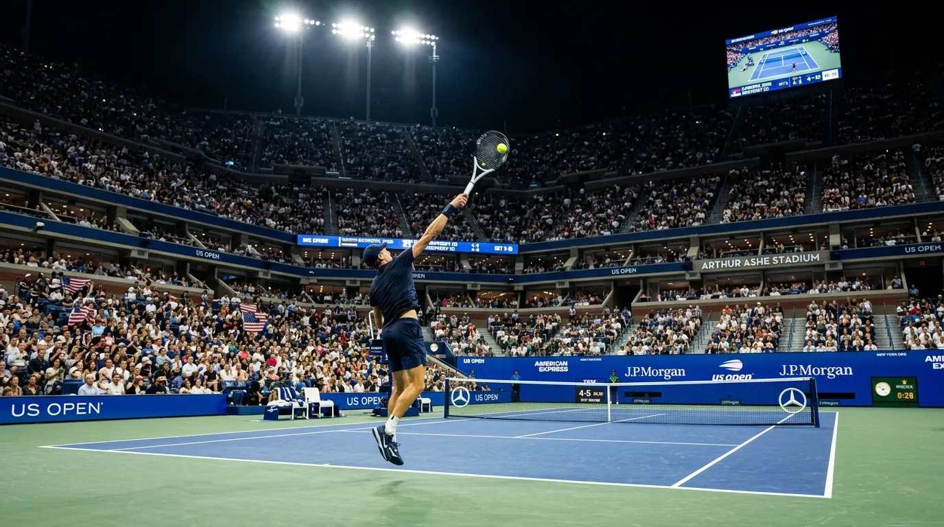 A floodlit US Open night match in a packed New York arena
