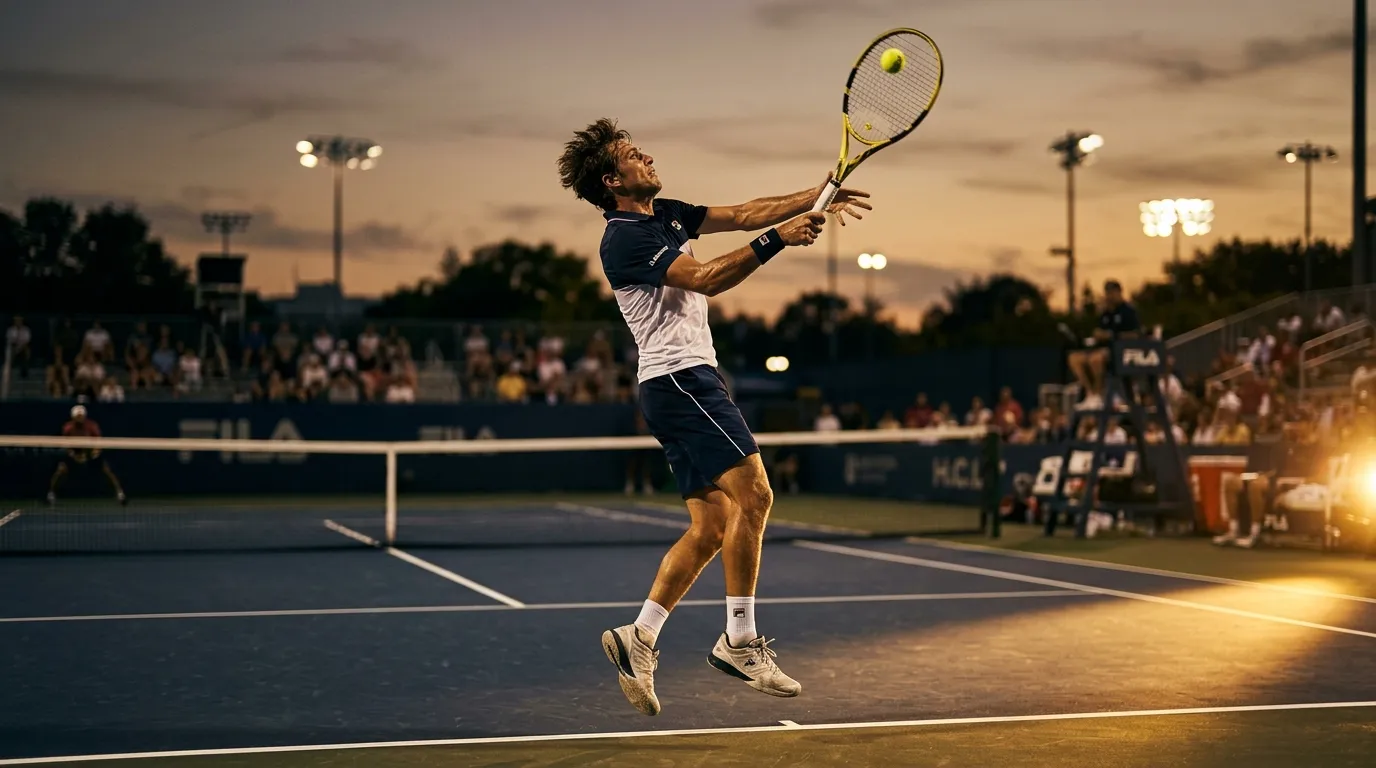 A tennis player serving under bright stadium lights during an evening match