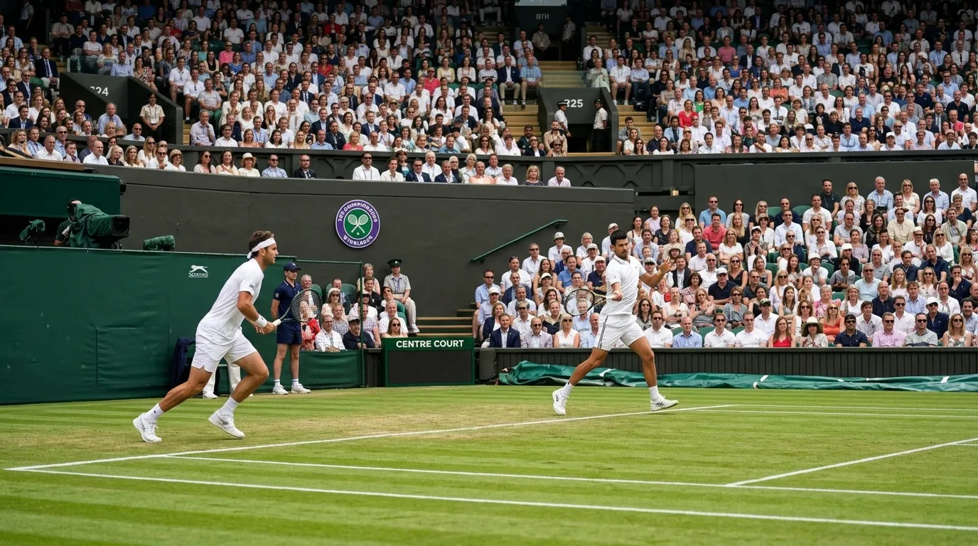 Centre Court at Wimbledon with the famous green grass and packed stands