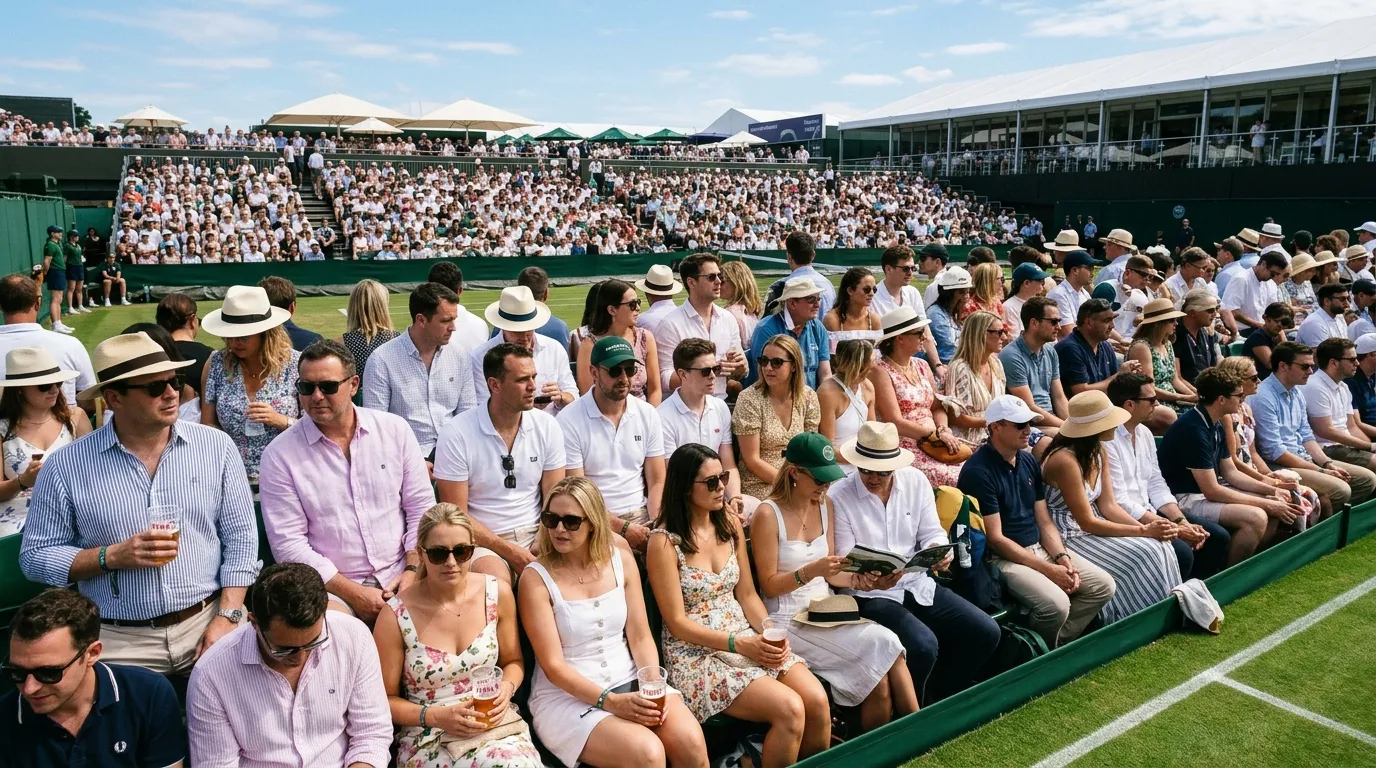 A packed Wimbledon crowd watching a grass-court match on a sunny afternoon