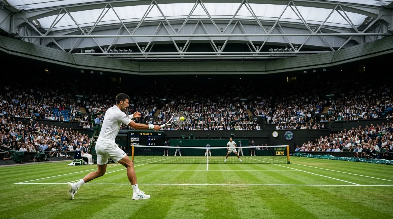 A second-week Wimbledon match on Centre Court under the closed roof