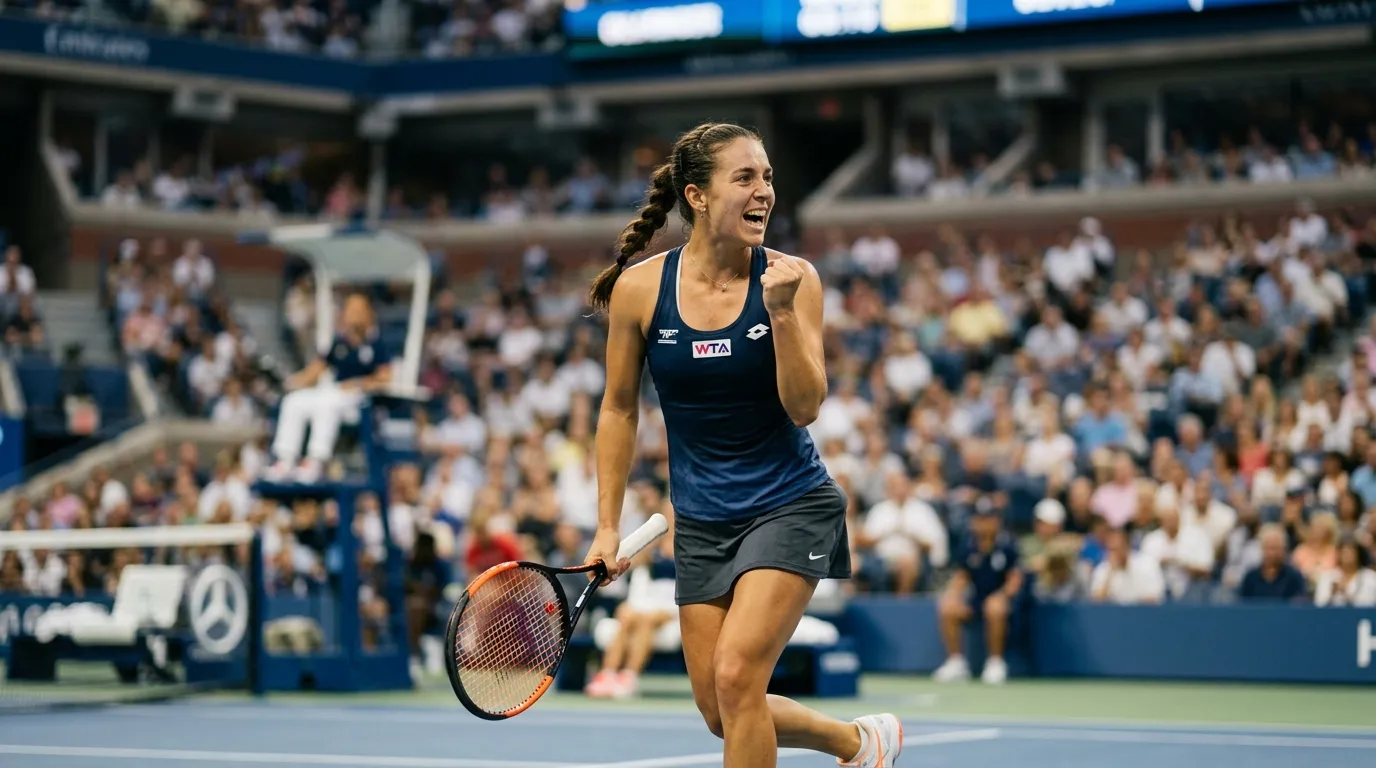 A women's WTA player celebrating a momentum-shifting break of serve